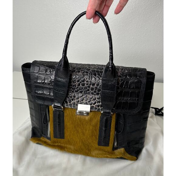 Philip Lim Pashli Crocodile Embossed Leather and Calf Hair Satchel Bag - Picture 1 of 16